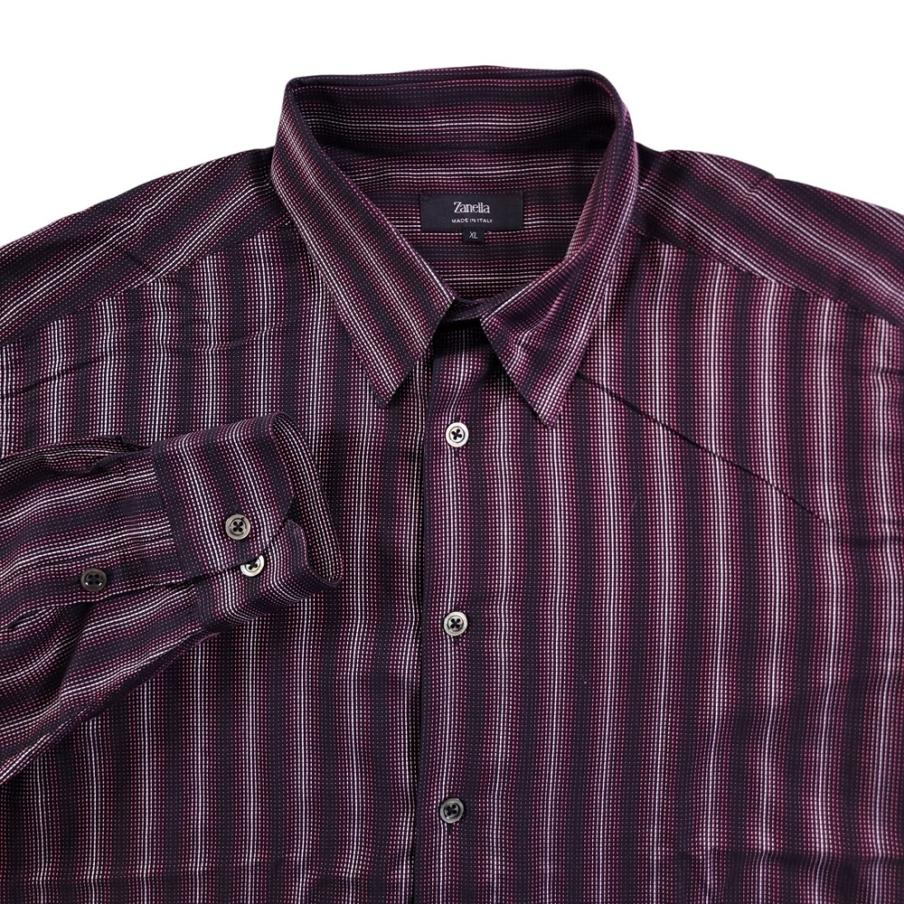 Zanella Shirt Mens XL Black Purple Stripe Modern Point Button Up Italy Made